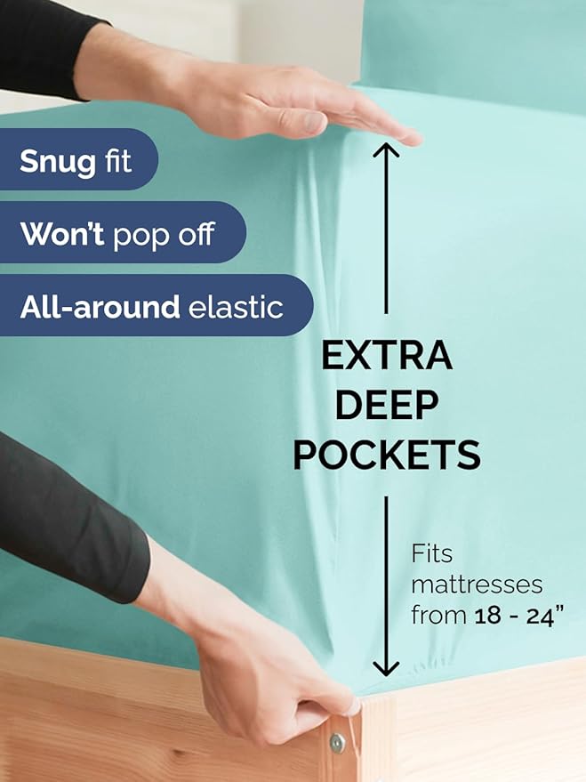 Extra Deep Full Fitted Sheet - Hotel Luxury Single Fitted Sheet Only - Easily Fits 18 inch to 24 inch Mattress - Ultra Soft, Wrinkle & Fade Free w/Extra Deep Pockets - Breathable & Comfy - Spa Blue