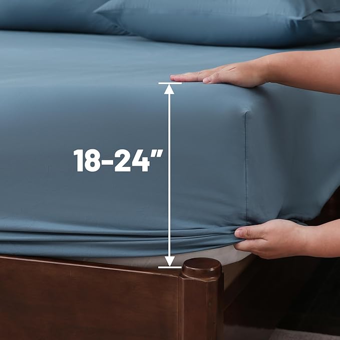 Extra Deep Pocket Queen Sheets 18-24 Inch 100% Egyptian Cotton 1000 Thread Count Sateen Weave Soft Breathable 4 Pieces（Queen,Dusty Blue）