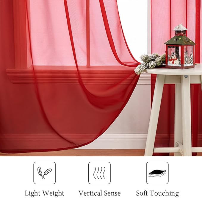 MIULEE 2 Panels Red Solid Color Sheer Christmas Window Curtains Elegant Window Voile Panels/Drapes/Treatment for Bedroom Living Room (54X84 Inches)