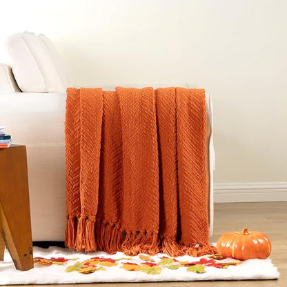 BATTILO HOME Burnt Orange Throw Blanket for Couch, Knit Fall Decor Blanket Versatile for Chair, Decorative Halloween Blanket with Tassels for Twin Bed, 60" x 80"