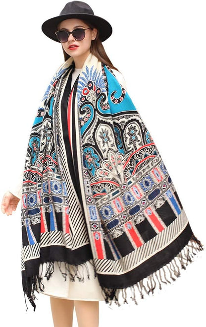 DANA XU 100% Merino Wool Pashmina Shawl for Women 96"x43", Oversized Cashmere Wrap with Tassels, Floral Travel Blanket Cape