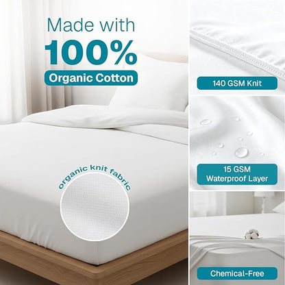 Fabdreams Organic Twin Size Waterproof Mattress Protector, 39" x 77", White, Temperature Regulating, Breathable, 100% Organic Cotton