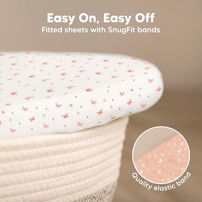 2-Pack Baby Bassinet Sheets Girl, Boy - 33x17 Viscose Derived from Bamboo Bedside Mattress Fitted Bassinet Sheets, Compatible with Halo Bassinest Swivel Sleeper, Baby Delight, Graco(Butterflies)