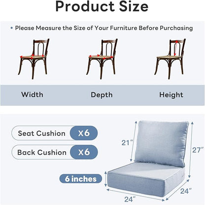 6" Thicker Outdoor Chair Cushion 6 Sets - 24" *24" *6" Waterproof Patio Furniture Cushions with Removable Cover, 28D High Density Sponge Filling Thicken Outdoor Patio Cushions - Baby Blue
