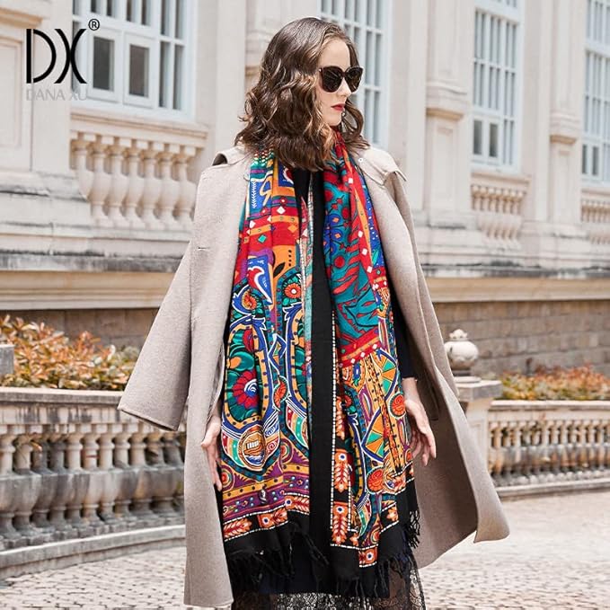 DANA XU 100% Merino Wool Extra Large Pashmina Blanket Travel Scarf Cashmere Wrap for Women Fall Winter Oversize Shawl Floral