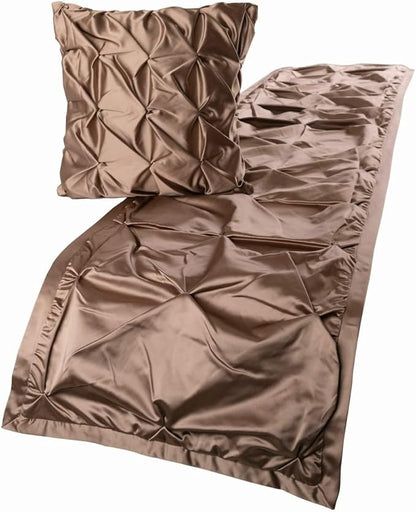 The HomeCentric Beige Bed Runner, Twin Size 53"x18" Decorative Bed Runner with 2 Matching Pillow Cover, Beige Satin Bed Scarf in Pintucks - Satin Ballet Swirl