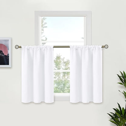 BGment White Curtains 30 Inches Length Half Window for Kitchen Over Sink - Rod Pocket 34 Inch Wide Small Drapes for Cabinet Cafe Basement Privacy, 2 Panels, 34 x 30 Inch