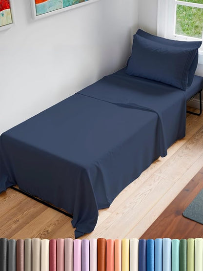 Cot Sheet Set 30” x 75” – 4 Piece Cot Size Narrow Twin Mattress Sheets – Ideal for Camper Bunk, RVs, Bunks, Day Care & Camping - Fits 6” to 10” Mattress, Ultra-Soft, Breathable & Cooling - Navy Blue
