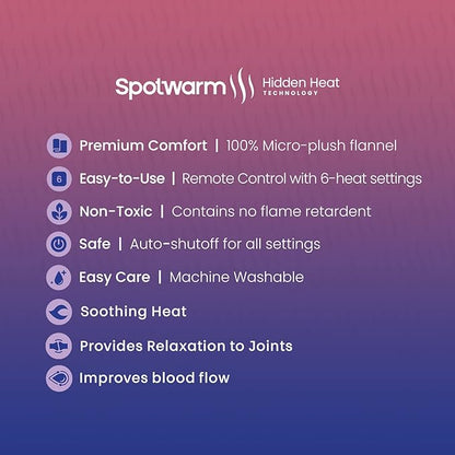 Hidden Heat Electric Couch Cushion Warmer by Spotwarm; Wireless RF Remote, Microplush Flannel Heated Seat, Single User Bed Warmer, Pet Bed Warmer - 17” by 20”