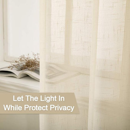 MIULEE 2-Panel 96 Inch Natural Light Beige Linen Semi-Sheer Window Curtains - Elegant Solid Drapes with Grommet Top for Bedroom & Living Room (52" W x 96" L)