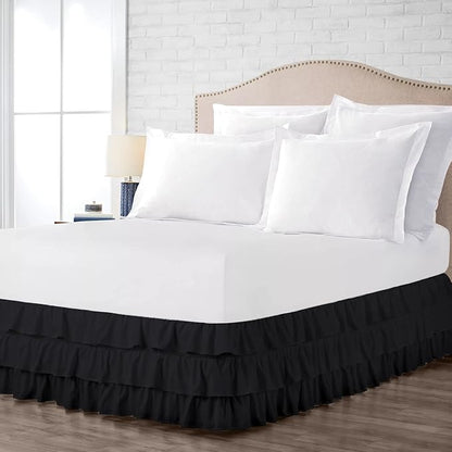 Multi-Ruffle Bed Skirt, Soft Multi Ruffle Bed Skirt Elastic Dust Ruffles with Wrap Around Bed Skirt Easy Fit with 18 Inch Drop 100% Cotton 800 Thread Count Bed Skirt (Full, Black)