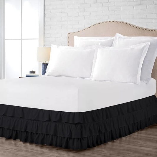 Multi-Ruffle Bed Skirt, Soft Multi Elastic Dust Ruffles with Wrap Around Bed Skirt Easy Fit with 18 Inch Drop 100% Cotton 800 Thread Count (Olympic Queen, Black)