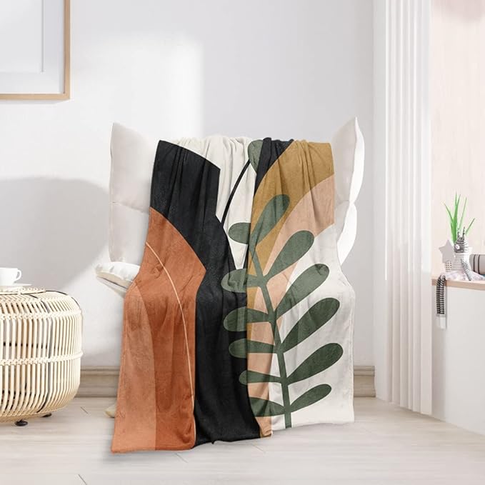 Boho Mid Century Blankets Black Geometric Throws Beige Abstract Modern Throw Blanket Minimalist Sun Soft Warm Bed Bedding Blankets for Couch Bedroom Sofa Office Cozy Flannel Blanket 70"X80"