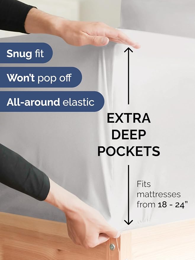 Extra Deep Twin XL Fitted Sheet - Hotel Luxury Single Fitted Sheet Only - Easily Fits 18 inch to 24 inch Mattress - Ultra Soft, Wrinkle Free with Extra Deep Pockets - Breathable & Comfy - French Grey