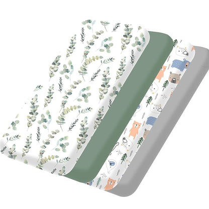 Bimocosy Pack and Play Sheets Fitted 4 Pack, 38 x 26 Inch Pack n Play Mini Crib Sheets for Boys and Girls, Soft Stretchy Playard Mattress Sheets for Graco Pack n Play, Forest Cubs