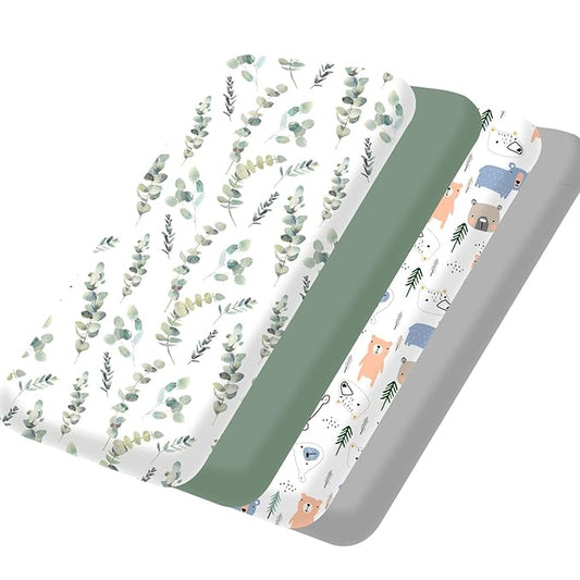 Bimocosy Pack and Play Sheets Fitted 4 Pack, 38 x 26 Inch Pack n Play Mini Crib Sheets for Boys and Girls, Soft Stretchy Playard Mattress Sheets for Graco Pack n Play, Forest Cubs