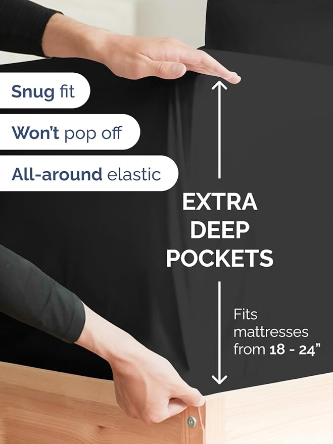 Extra Deep Twin Fitted Sheet - Hotel Luxury Single Fitted Sheet Only - Easily Fits 18 inch to 24 inch Mattress - Ultra Soft, Wrinkle Free w/Extra Deep Pockets - Easy-Care, Breathable & Comfy - Black