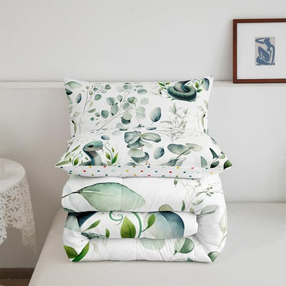 Erosebridal Cute Snake Toddler Bedding Sets for Kids Child Green Eucalyptus Comforter Set, Wild Animal Bedding Comforter Sets Botanical Plant Leaves Duvet Insert, Cartoon Wildlife Down Comforter