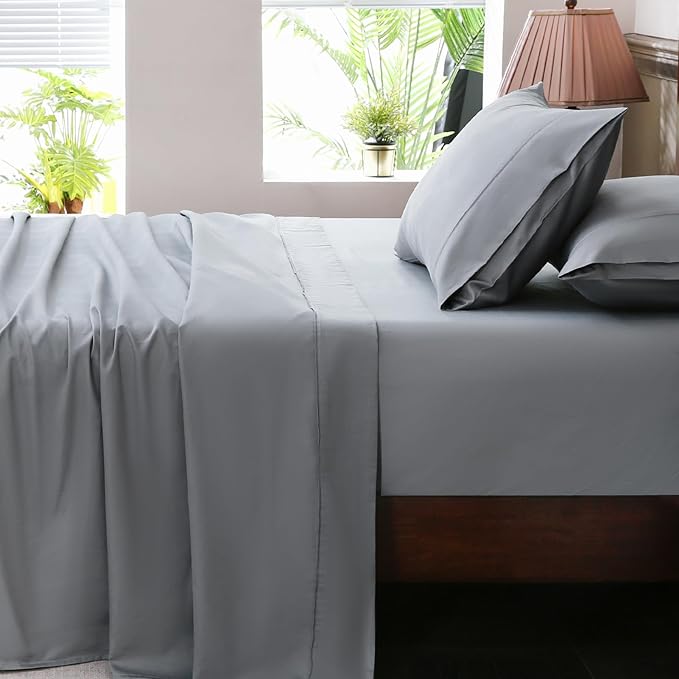 Extra Deep Pocket King Sheets 18-24 Inch 100% Egyptian Cotton 1000 Thread Count Sateen Weave Soft Breathable 4 Pieces（King，Grey）