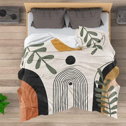 Abstract Modern Throw Blanket Boho Minimalist Mid Century Sun Aesthetic Soft Warm Bed Bedding Women Blankets for Couch Bedroom Sofa Office Cozy Flannel Blanket Orange Beige Black,70"X80"