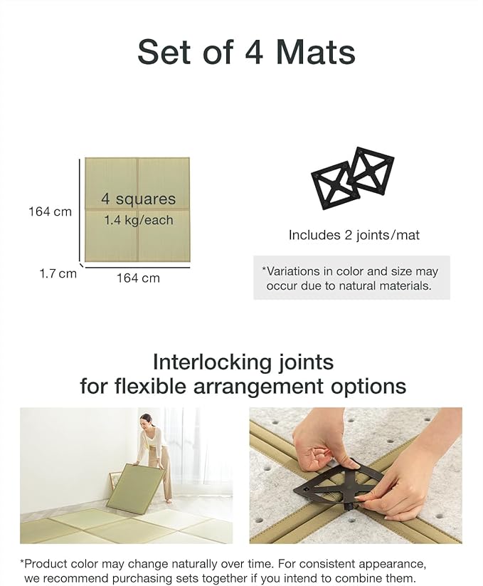 FULI Japanese Square Tatami Rug, Lightweight Igusa Mat (Japanese Rush Grass), Made in Japan (Natural, 4 Pieces)