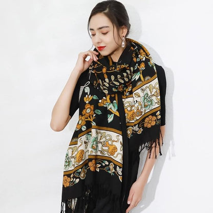 DANA XU 100% Merino Wool Extra Large Pashmina Blanket Travel Scarf Cashmere Wrap for Women Fall Winter Oversize Shawl Floral