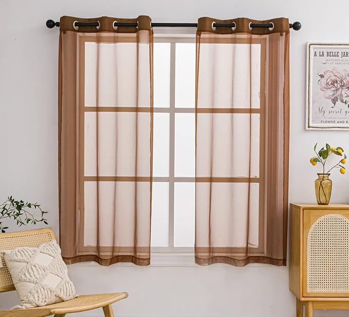 PI Short Sheer Curtains 45 inches Long with Grommet,Light Filter Sheer Window Curtain for Café/Kitchen 2 Panels (W52 X L45, Brown)