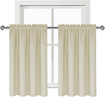 DWCN Light Beige Short Room Darkening Curtains for Kitchen/Bedroom, 42 x 36 inches Long - Energy Saving Window Drapes for Nursery with Rod Pocket, Set of 2 Panels