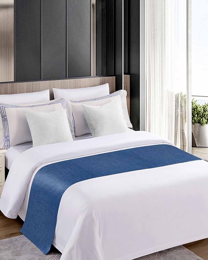 Retro Farm Linen Flax Bed Runners for Bedroom Hotel,Decorative Bedding Scarf Blue Solid Color Ocean Bed End Blanket Bedding Runner Scarves for Twin Size Bed,71x20in