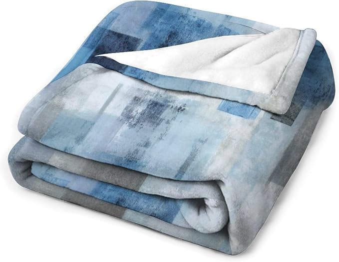 Fashion Gradient Blanket, Modern Art Abstract Blue Grey Check Painting Strokes Pattern Soft Warm Cozy Plush Flannel Covers for Livingroom Bedroom Couch Chair Camping Travel Home Decor Tapestry 50x60in