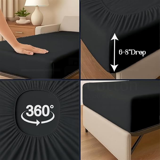 Sleeper Sofa 4 Piece Bed Sheet Set Premium Quality 100% Cotton 500 Thread Count, Smooth & Super Soft Sateen Weave, Extra Soft Bed Sheets, Wrinkle Free, 6 Inch Deep Pocket (Twin, Black)
