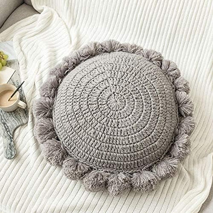 Round Throw Pillow Boho with Pom Poms Fringe Tassels, Bohemian Cute Decorative Circular Pillow with Knitted Texture for Sofa Chair, Acrylic Diameter 18 inches, Gray