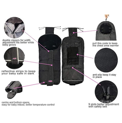 German Designed Winter Tour Waterproof Stroller Footmuff,Width Adjustable Design Fits Baby Grows Stroller Bunting Bag Toddler 6-36M,Black