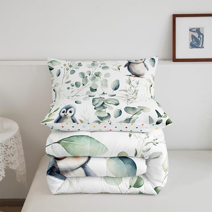 Erosebridal Cartoon Penguin Full Comforter Set Toddler Woodland Wildlife Bedding Set, Plant Bedding Comforter Sets Eucalyptus Leaf Duvet Set, Antarctic Animal Theme Quilted Comforter Kids Room Decor