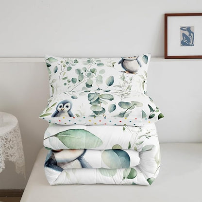 Erosebridal Cartoon Penguin Bedding Toddler Size Woodland Wildlife Comforter Set, Plant Duvet Insert Eucalyptus Leaf Quilt Comforter, Antarctic Animal Theme Bedding Comforters & Sets Kids Room Decor
