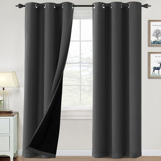 H.VERSAILTEX 100% Blackout Curtains for Bedroom Thermal Insulated Blackout Curtains 84 inch Length Full Light Blocking Curtains for Living Room with Black Liner 2 Panels Set, Charcoal Gray
