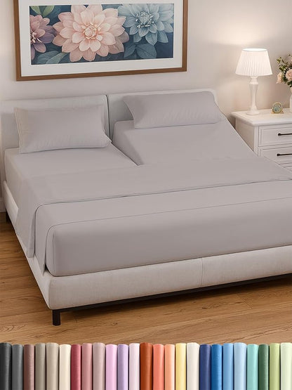 Split Head King Sheets Set - Top Split King Sheets for Adjustable Beds, Easy-Fit Split Head King Mattress - Flex Split Top King Sheets, Easy-Fit, Breathable, Deep Pocket Split King Sheets - Light Grey