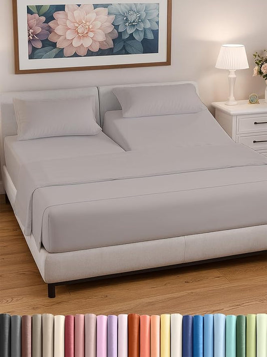 Split Head King Sheets Set - Top Split King Sheets for Adjustable Beds, Easy-Fit Split Head King Mattress - Flex Split Top King Sheets, Easy-Fit, Breathable, Deep Pocket Split King Sheets - Light Grey