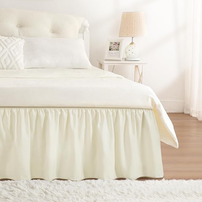 RIMELA Ivory Bed Skirt Queen Size 15 Inch Drop, Elastic Bed Skirting for Bed Base and Frame, Bedding Dust Ruffle Easy to Install, Lightweight Wrap Around Adjustable Bedskirt