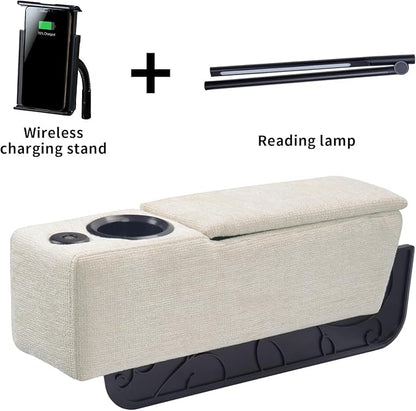 Multifunctional Couch Armrest, Sofa Armrest with Cup Holder, Removable Sofa Caddy with Storage,Equipped with LED Reading Light&Wireless Charge Stand,Almond