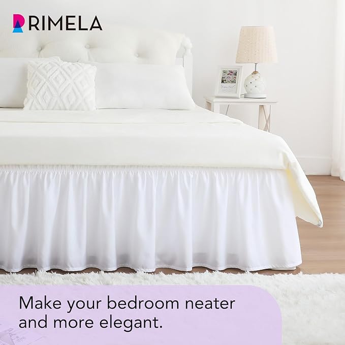 RIMELA White Bed Skirt Queen Size 15 Inch Drop, Elastic Bed Skirting for Bed Base and Frame, Bedding Dust Ruffle Easy to Install, Wrap Around Adjustable Bedskirt