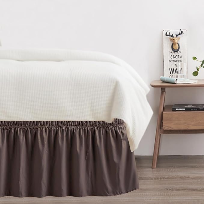 Queen Bed Skirt, Elastic Wrap Around Bed Skirt Queen Size, Bed Skirts for Adjustable Bed, Easy Fit with 14" Drop Length Tailored Drop Dust Ruffle (Brwon)