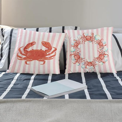 Coastal Red Crab Pillow Covers 18x18 Set of 2, Nautical Coastal Red Crab Bubbles Pink White Striped Throw Pillow Covers for Beach House Home, Preppy Beach Room Decor