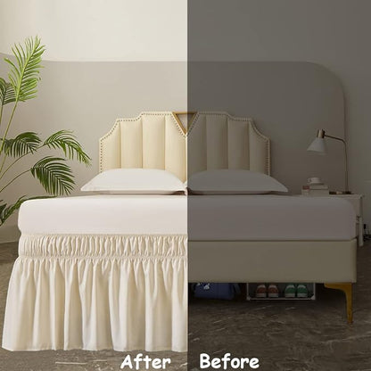 MEILA Wrap Around Bed Skirt Three Fabric Sides Elastic Dust Ruffled 16 Inch Tailored Drop,Easy to Install Fade Resistant-Beige, Queen/King
