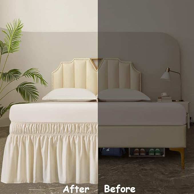 MEILA Wrap Around Bed Skirt Three Fabric Sides Elastic Dust Ruffled 16 Inch Tailored Drop,Easy to Install Fade Resistant-Beige, Twin/Full