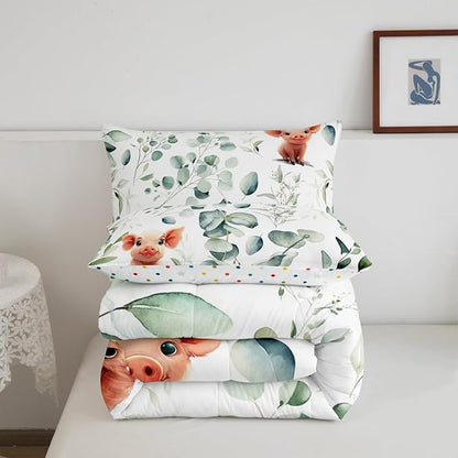 Erosebridal Kawaii Pig Toddler Size Comforter Set for Boys Girls Cartoon Animal Bedding Set, Eucalyptus Leaves Down Comforter Farm Wildlife Bed Set, Tropical Botanical Plants Quilted Duvet