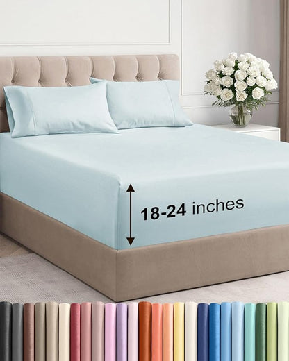 Extra Deep Pocket King Sheets - 4 Piece Breathable & Cooling Bed Sheets - Hotel Luxury Bed Sheet Set - Soft, Wrinkle Free & Comfy - Easily Fits Extra Deep Mattresses - Deep Pocket Ice Blue Sheets Set