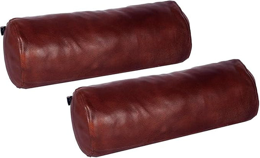 Neck Roll Pillow Cushion Cover, 14x5 Inch Full Moon Round Bolster Pillow Case, Cylinder Soft Lambskin Leather Pillowcase for Head, Spine & Neck Support During Sleep - Tan Pack of 2