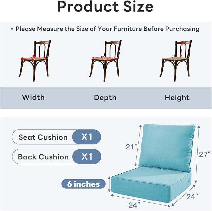 6 inches Thicker Outdoor Chair Cushion Set- 24" *24" *6" Waterproof Patio Furniture Cushions with Removable Cover, 28D High Density Sponge Filling Thicken Outdoor Patio Cushions - Turquoise