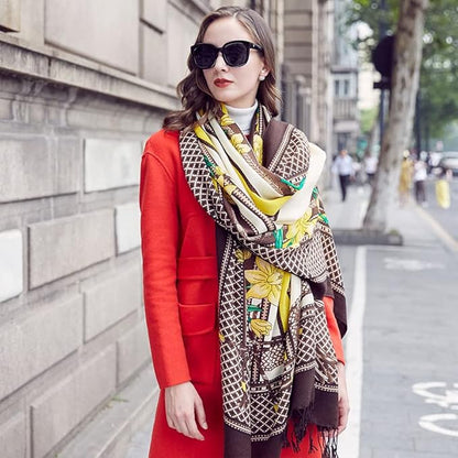 DANA XU 100% Merino Wool Extra Large Pashmina Blanket Travel Scarf Cashmere Wrap for Women Fall Winter Oversize Shawl Floral